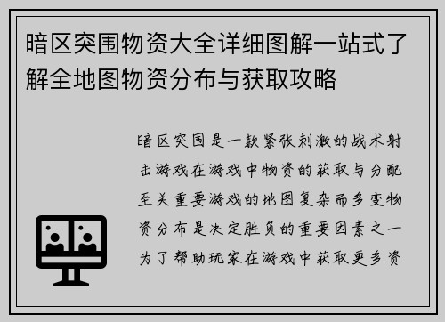 暗区突围物资大全详细图解一站式了解全地图物资分布与获取攻略